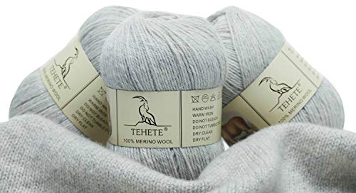 TEHETE 100% Merino Wool Yarn for Knitting 3-Ply Luxury Warm Soft Lightweight Blue Crochet Yarn (Light Grey)