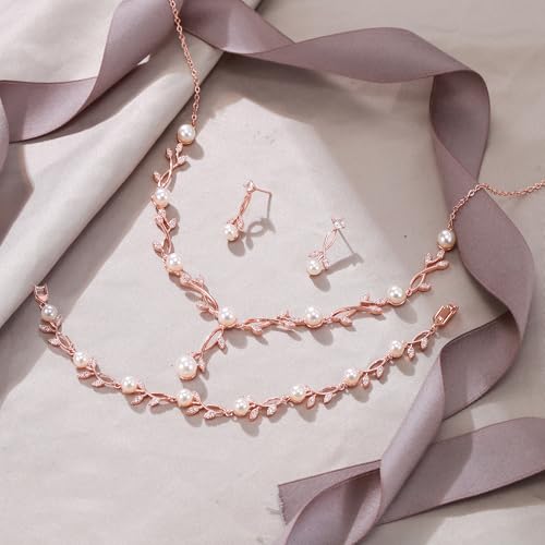 Image of EVER FAITH Cubic Zirconia Pearl Leaf Bridal Jewelry Set for Bride Women