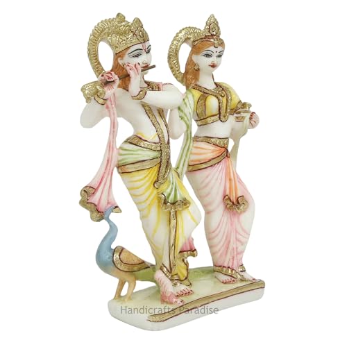 Image of Handicrafts Paradise Culture Marble Radha Krishna with Peacock Hand Painted Statue - 6.75inch