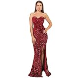 Velvet Sequin Formal Women's Evening Dress Strapless Front Split Prom Gown Red Small