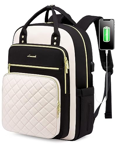LOVEVOOK Laptop Backpack Women 17 Inch, Backpack Womens, Rucksack Bag for School College Work Travel University, Lightweight Commuter Bag with USB Port, Ladies Backpacks,Beige Black