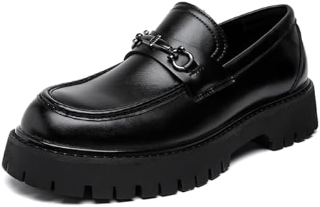 XENTORD Men's Patent Leather Platform Loafers Comfort Non-Slip Lug Sole Slip-On Dress Shoes with Metal Horsebit Detail for Business Office & Casual
