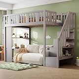 BXEYXE Hochbett 90 x 200 cm, Kinderbett mit Stauraumtreppe, Hochbett mit Mehreren großen Staufächern, Funktionsbett, Kinderbett, Jugendbett, Holzbett, Grau (ohne Matratze)