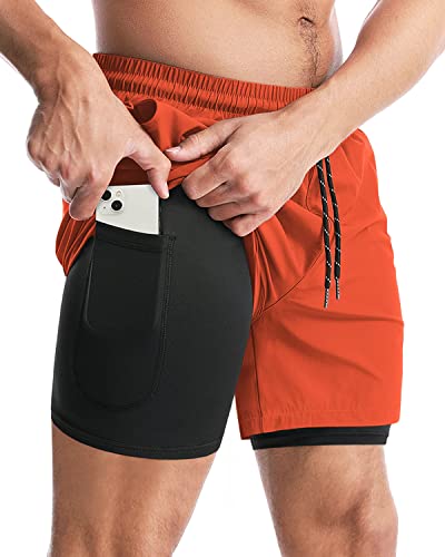 Aolesy Men's 2 in 1 Running Shorts Quick Dry Gym Shorts 5" Athletic Shorts Workout Shorts with Pockets, Orange, Large