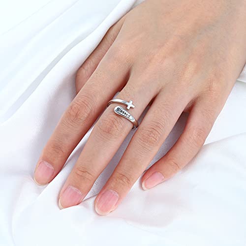 925-Sterling-Silver Adjustable Cross Thumb Rings - White Gold/18K Gold/Rose Gold Plated Christian Blessed Cross Jewelry Rings For Women Men, Simple Silver Open Hope Love Faith Ring For Teen Girls (White Gold) #TOP4