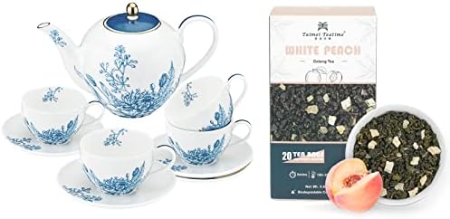 Taimei Teatime White Ceramic Coffee Tea Set, Teapot (37 oz) with Infuser and 4 Tea Cups (6 oz) with Saucers Bundle with White Peach Oolong Tea, Premium Organic Loose Leaf Tea Bags(20 Counts|80g)