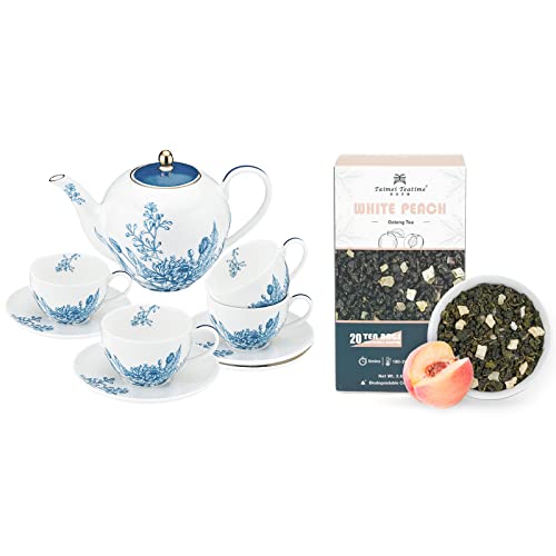 Taimei Teatime White Ceramic Coffee Tea Set, Teapot (37 Oz) With Infuser And 4 Tea Cups (6 Oz) With Saucers Bundle With White Peach Oolong Tea, Premium Organic Loose Leaf Tea Bags(20 Counts|80G) #TOP3