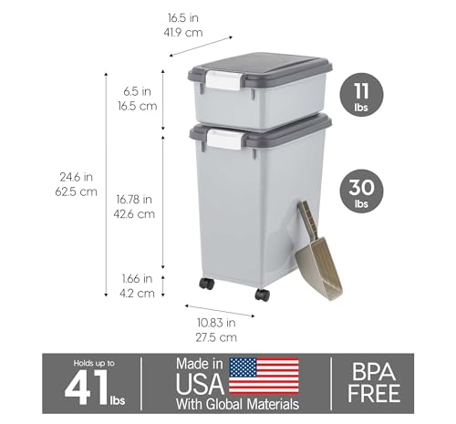 IRIS USA Dog Food Storage Container, 30 lbs & 11 lbs Combo, Cat Food Storage Container, Dog Treat Container, Airtight, Stackable, 2-Cup Scoop, Wheels, Easy Mobility, Gray - Image 4