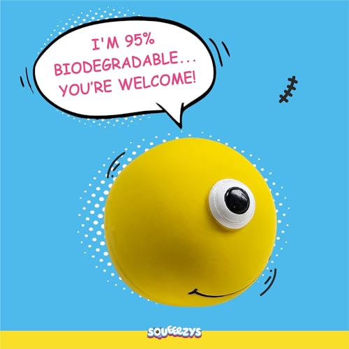 Image of SQUEEEZYS Monster Ball Yellow Squeaky Chew Toys for Dogs (Pack of 2), 100% Natural Latex Rubber, 100% Non-Toxic, 95% Biodegradable Squeaky Dog Toy, Perfect Dog Toys for X-Small-Small Breeds (0-10kgs)