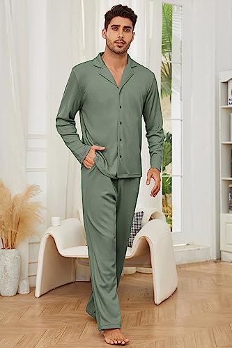 Andeip Men's Pajama Set Waffle Knit Lounge Pjs Set Long Sleeve Top and Pants Sleepwear 2 Piece Button Down Loungewear3