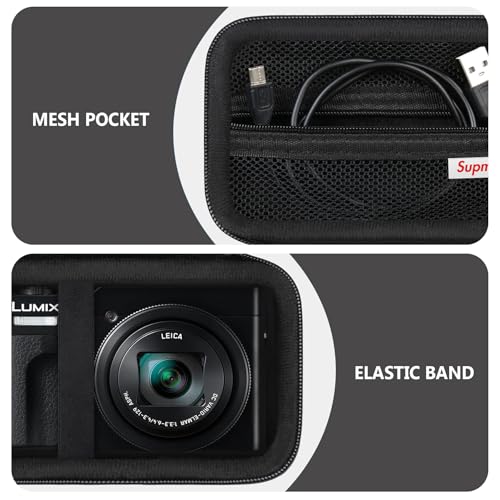 Supmay Kamera Fall für Panasonic LUMIX DC-TZ99E-K Kompakte Travel Zoom Kamera/LX10 ZS200D ZS200 ZS80 ZS100 ZS70 ZS60 Kamera, Schutzhülle Tasche mit Mesh Tasche für Akku Pack, Ladekabel, Schwarz