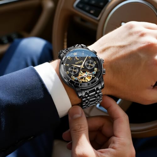 Image of OLEVS Mens Automatic Watches Skeleton Tourbillon Mechanical Self Winding Luxury Dress Wrist Watch Moon Phase Waterproof Luminous Watch Gifts