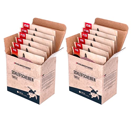 Toolbrothers TURTLE Zestaw szlifierski premium 125 mm lub 150 mm, na rzep 8 otworów P40 / P60 / P80 / P120 / P180 / 240 do twardego drewna, miękkiego drewna, lakieru, kamienia, stali, aluminium, forniru (2 x zestaw tarcz szlifierskich 125 mm)