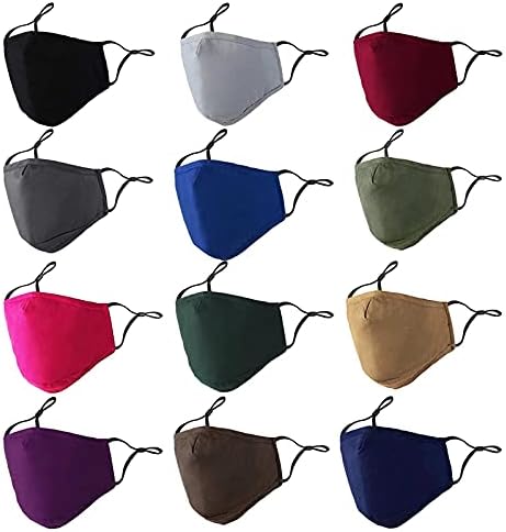 12 Pack Washable Cloth Face Mask Reusable with Adjustable Ear Straps & Nose Wire Comfortable Breathable Cotton Face Masks,3 Ply Adult Safety Mask for Women Men