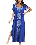 Busbseach Caftan Dresses for Women Embroidery Short Sleeve Beach Cover Up V Neck Maxi Kaftan Dress