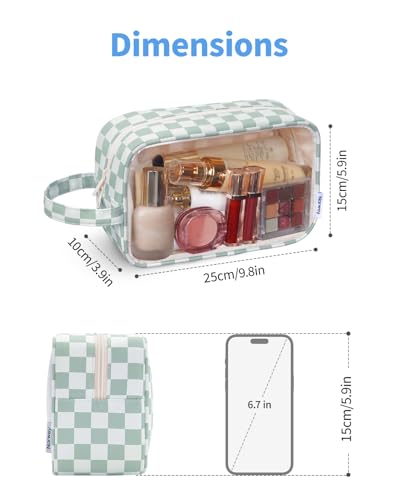Narwey Clear Toiletry Bags for Traveling Women Men, Clear Travel Bags for Toiletries Makeup Bag Cosmetic Bag with Zipper, Make Up Organizer, Skincare Bag (Mint Green Checkerboard)4