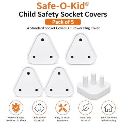 Image of Safe-O-Kid Baby Safety Socket Covers (Set of 5) 4 Standard & 1 Power Plug Covers for Baby Proofing Electrical Outlets | Child Proof Electric Socket Protector & Dummy Plug Guards for Kids - White