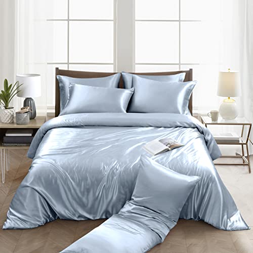 Image of Ersmak 6 Pieces Satin Duvet Cover King Size Luxury Silky Bedding Duvet Cover Set with 1 Soft Duvet Cover, 4 King Pillowcases and 1 Body Pillowcase, Baby Blue