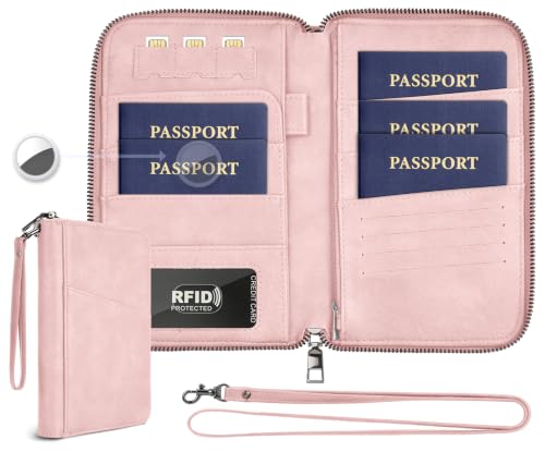 Family Passport Holder Wallet RFID Travel Document Organizer for Women Men, Portable Case Cover for Cards, Boarding Pass with Wrist & Neck Double Strap, Travel Gifts (Pink, 1pack)