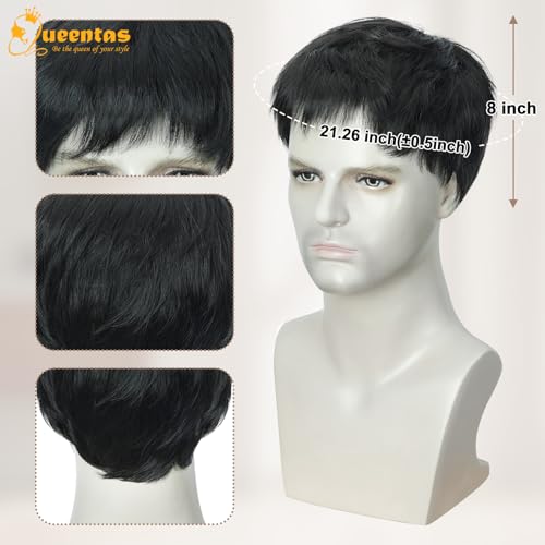 Image of QUEENTAS Short Black Wig for Men 8 Inch Natural Straight Heat Resistant Synthetic Hair for Dating Daily Use