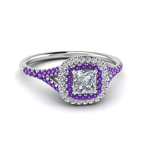 Image of Choose Your Gemstone Delicate Double Halo Diamond CZ Ring Sterling Silver Princess Shape Halo Engagement Rings Matching Jewelry Wedding Jewelry Easy to Wear Gifts US Size 4 to 12