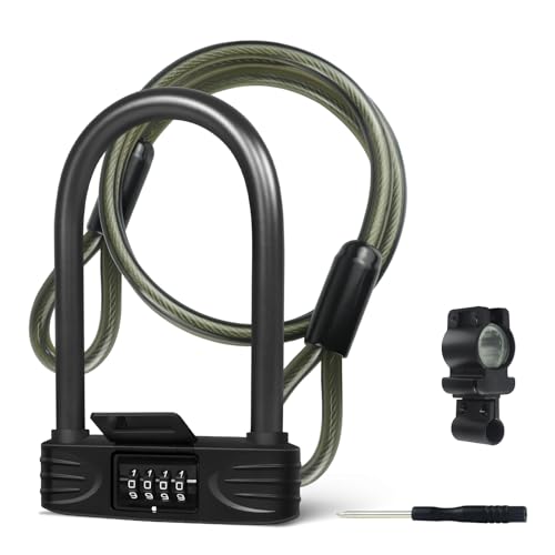 KENRONE Heavy Duty U Lock, 4 Digit Combination Password Bicycle Lock with U-Lock Shackle, Waterproof, No Key, Bike U Lock for Home, School, Travel (u Lock+Cable)