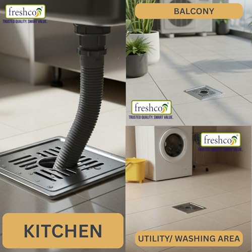 Image of Freshco 5x5 SS 304 Floor Drain Jali - Capsule Design (with Hole) - for Washing Machine Pipe - Includes Anti-Odor Cockroach Trap - Heavy Duty 1.5mm Thick Grating - Fits 110mm Pipe
