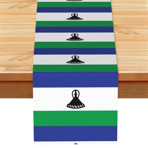 13x72 Faux Linen Table Runner Wrinkle Free Flag of Lesotho Print Table Cover, Farmhouse Dresser Scarf Tablecloth for Kitchen Dining Mat