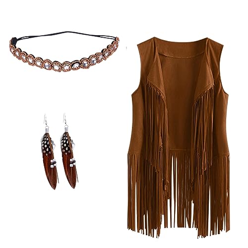 Disfraz Hippie Mujer, Accesorios Hippie Disfraz Años 70 Chaleco Chaleco de Verano para Mujer, Chaleco con Flecos para Fiesta Hippie Carnaval Halloween Navidad 3 Piezas de Disfraz de Hippie Disfraz