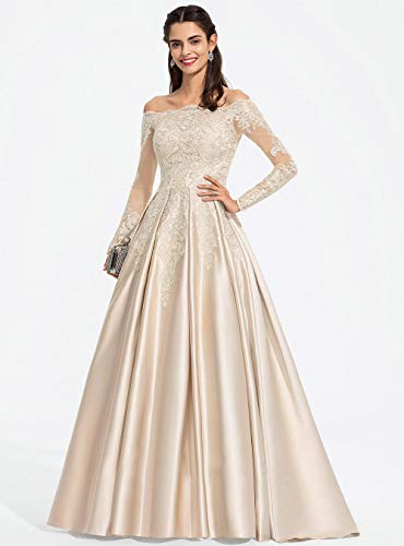 Miao Duo Long Sleeve Lace Appliques Prom Dresses 2023 Long Off Shoulder Formal Party Gowns Plus Size Champagne 16Plus #TOP2