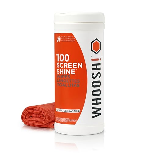 Whoosh! Screen Shine 100 Electronic Wipes With Microfiber Cloth - Lint-Free, Non-Abrasive Wipe Design With Streak-Free Finish - Glasses Wipes For Tv, 