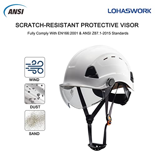 Lohaswork Safety Hard Hat With Visor - Ansi Z89.1 Approved Abs Adjustable Vented Helmet - 6-Point Suspension,Construction Work Hardhats (A1 White Clear) #TOP2