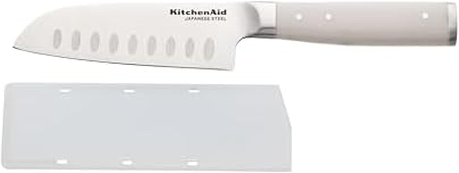 KitchenAid Gourmet Forged Santoku Knife with Custom-Fit Blade Cover, Sharp Kitchen Knife, Japanese Stainless Steel Blade, 5 inch, Milkshake