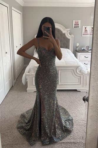 Sevintage Women’s Black Sequin Prom Dress 2024 Long Mermaid Corset Empire Waist Spaghetti Strap Backless Formal Evening Party Gowns Train US8