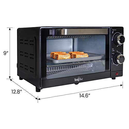 Total Chef 4-Slice Natural Convection Toaster Oven, Fits A 9 Inch Pizza, Compact Countertop Oven, 30 Minute Timer, 200-450F (93-232C) Temperature Range, Bake, Toast, Roast, Black And Stainless Steel #TOP6