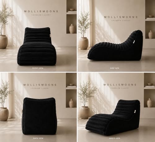 Image of Mollismoons Faux Fur Bean Bag Chair Cover for Adults & Kids | Luxury Lounger & Round Floor Sofa Seating | Modern Cozy Feel | No Beans Included (Black, Lounger)