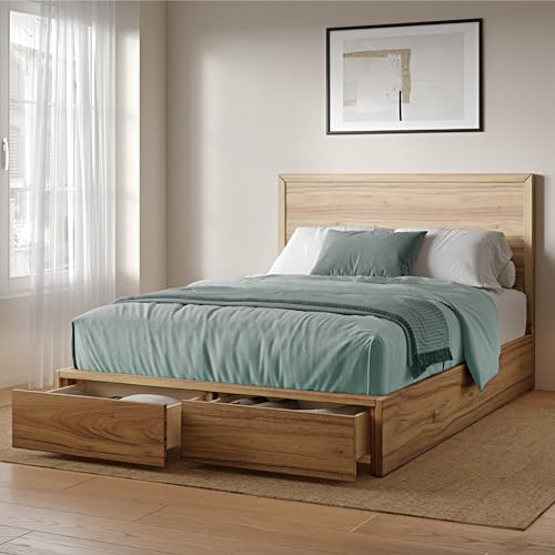 DG Casa Colten Queen Storage Bed with Headboard – Natural Oak Queen Size Wooden Bed Frame with Storage Drawers and Full Wooden Slats – Box Spring Not Required – Modern Platform Bed with Storage