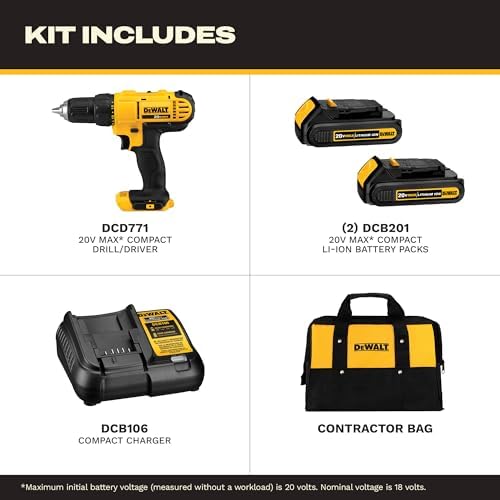 DEWALT 20V Max Cordless Drill Driver Set, 2 Speed, High Performance Motor, Includes 2 XR 1.3Ah Li-Ion Batteries, Charger and Contractor Bag (DCD771C2) - 1