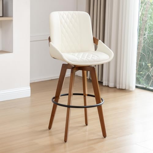 Image of Bar Height Bar Stools Set of 1, Mid Century Modern Retro Swivel Bar Chairs, Furniture with Curved Back, Faux Leather Upholstered and Walnut Wood Frame for Bar /Pub /Island (White, 29.5 inch-1 PCS)
