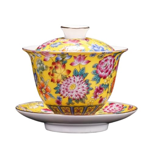 Demanca 手描き 蓋碗 中国茶器セット 茶道具 茶葉抽出に最適 200ml 受け皿付き 宮廷風 陶磁器 金色 5色展開 お茶好き向け ギフト 誕生日 結婚祝い (黄色)