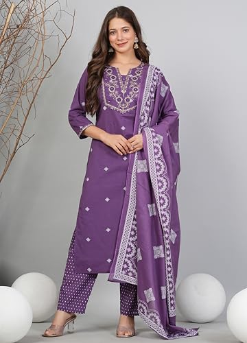 Image of Amayra Women's Pure Cotton Embroidered Straight Kurta Set with Palazzo Pants & Dupatta- Ethnic Wear