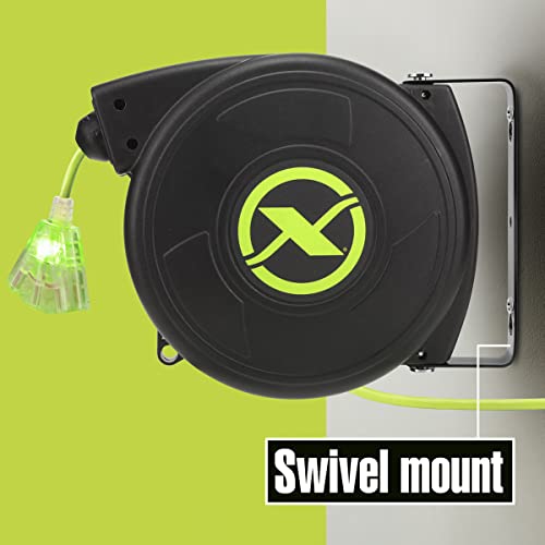 Image of Flexzilla Retractable Extension, 14 /3 AWG SJTOW, 50', Grounded Triple Tap Outlet Electric Cord Reel, ZillaGreen, FZ8140503