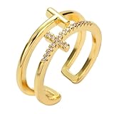DOITOOL Anillo Ajustable para Mujer Cruz Dorada y Brillantes de Cobre, Diseño Único y Elegante Adecuado para Obsequio y Uso Diario