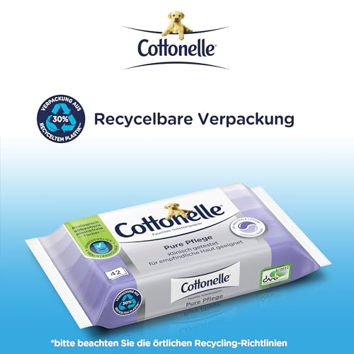 Cottonelle Feuchtes Toilettenpapier Pure Pflege, ultra-sensitive, 99% Wasser, 12 x 42 Tücher, parfümfrei & hypoallergen