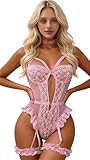 Satohom Dessous-Sets für Damen, sexy Spitzen-Body Push-Up BH mit Oberschenkelmanschetten, EIN StückNachtwäsche Unterwäsche, Teddy-Babydolls mit Strumpfgürtel, ohne Strümpfe Einheitsgröße