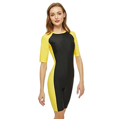 Ouink Women's One Piece Swimsuit Zipper Short Sleeve Boyleg Swimsuits For Women Athletic Rush Guard Swimwear Upf 50+ Yellow #TOP6