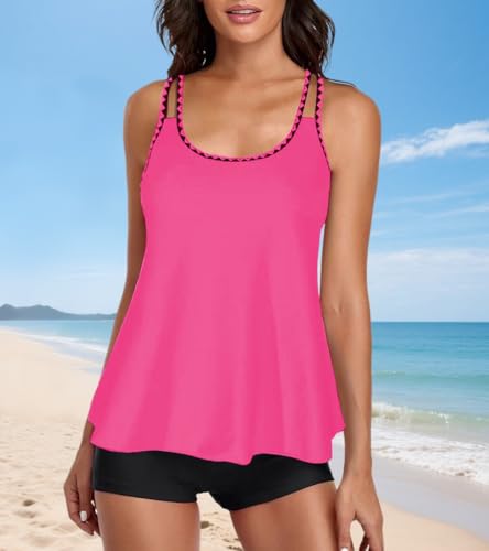 Womens 2 Piece Tankini Fluorescent Blue Lines Print Swimsuits Tummy Control Tank Top with Boyshort2