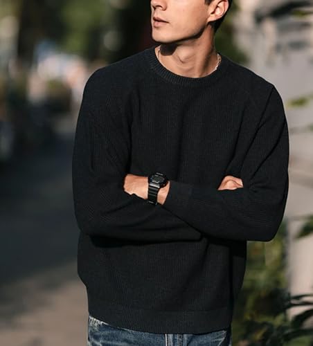 Oversize Casual Crewneck Mens Sweater Waffle Textured Long Sleeve Knitted Pullover Comfortable Warm2