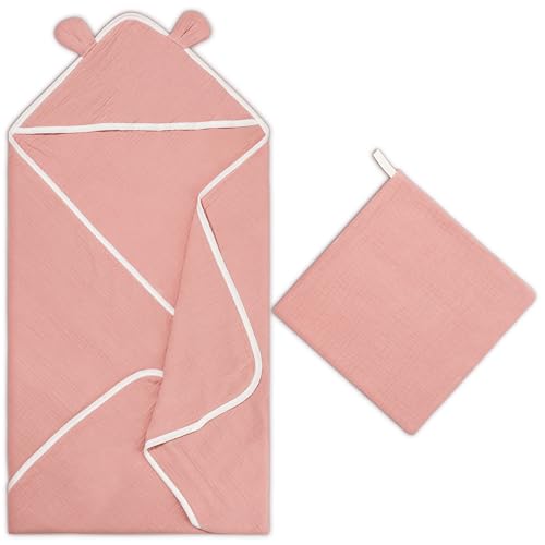 Image of Zainpe Muslin Baby Hooded Towel & Washcloth Set Soft Absorbent Bath Towel Blanket with Cute Bear Ears Cotton Towels Infant Shower Gifts for Newborn Essential Toddler Boys Girls 31.5 x 31.5 in