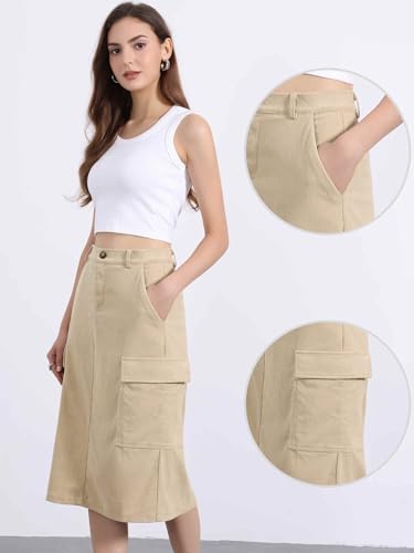 Image of Allegra K Corduroy Cargo Skirts for Women's High Waisted Elastic Back H Line 2025 Fall Midi Skirt
